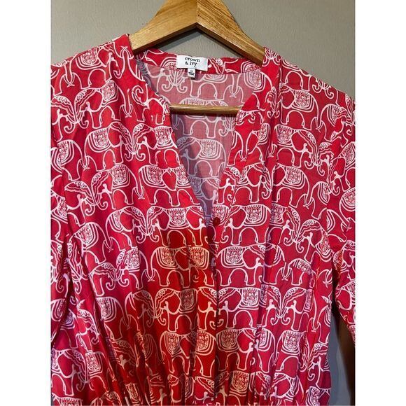 Crown & Ivy Women’s Size 10 Elephant Print Cinch Waist Dress Pink Long Sleeve - Picture 2 of 11